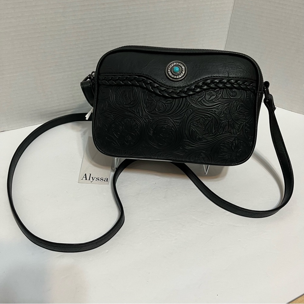 Elegant Black Faux Turquoise Embossed and Braided Crossbody Bag